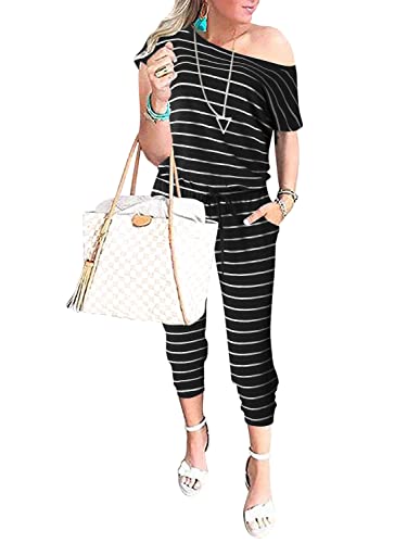 Anrabess Women's Summer Striped Jumpsuit Casual Loose Short Sleeve One Piece Tracksuit Long Pants Rompers 203Heibai-L #TOP1