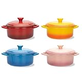 MDZF SWEET HOME Individual Ceramic Baking Bowls for Oven with Lid and Handle Small Casserole Dish French Onion Soup Crock 12 Oz Ramekins, Set of 4