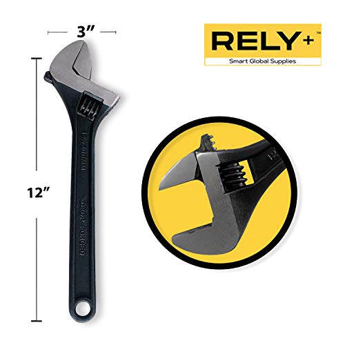 Rely+ 12" Adjustable Black Oxide Wrench, Heat-Treated, Forged Alloy Steel. #TOP1
