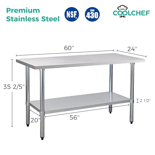 Image of COOLCHEF Stainless Steel Work Table 24 x 60 Inch, NSF Commercial Prep Table with Undershelf, Heavy Duty Food Prep Workstation