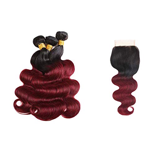 Seelaak Hair Ombre Wine Red Brazilian Virgin Hair Extensions Body Wave 3 Bundles with 4x4 Lace Closure Two Tone T1B 99j Human Hair Weave Bundles (12 14 16+10)