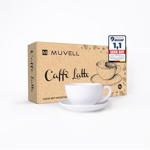 MUVELL 6x Milchkaffeetassen | Weiß | Italian Style | dickwandig & schwer | spülmaschinenfest | Caffé Latte Set mit Untertassen - Geschenkset