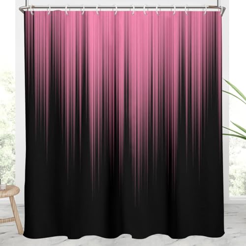Image of AAtter Pink Black Ombre Shower Curtain, Extra Long 72x84 Inch, 12 Hooks | Modern Striped Polyester Fabric, Cute Abstract Preppy Style, Dark Cool Anime Design, Trendy Bathroom Decor for Women