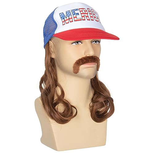 image for Yan Dream Men USA Mullet Hat Brown Wig with Mustache 4th of July Ameri