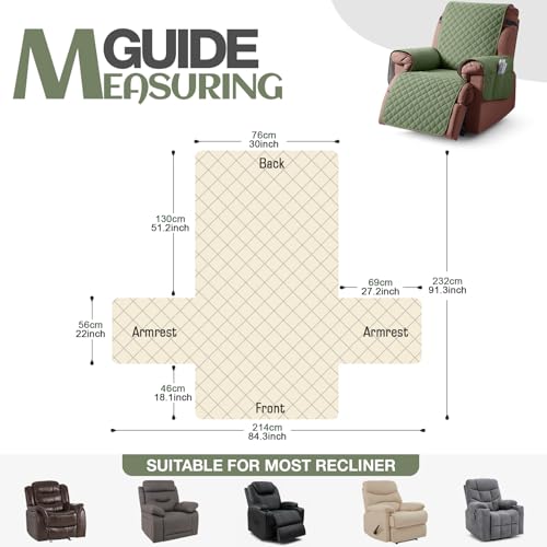 Image of KinCam 100% Waterproof Recliner Chair Cover, Reclining Couch Covers for Pets, Dogs, Recliner Couch Slipcover Furniture Protector with Elastic Straps for Kids(30 inch, Cactus Green)