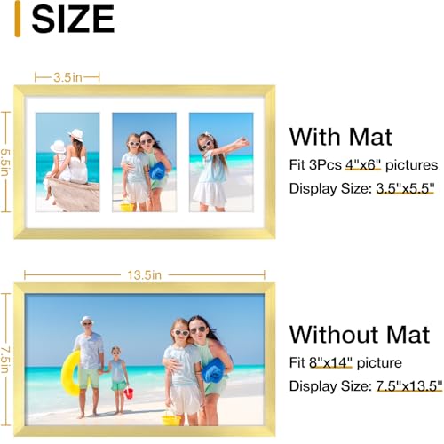 decorUhome 8x14 Picture Frames Collage Wall Decor, Display 3Pcs 4x6 Photos with Mat or 1Pcs 8x14 Unmatted, 3 4x6 Collage Picture Frames for Wall Mounting, Gold