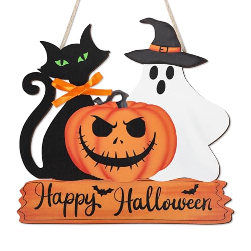 Happy Halloween Door Sign Wooden Ghost Pumpkin Black Cat Door Wreath Halloween Hanging Decorations...