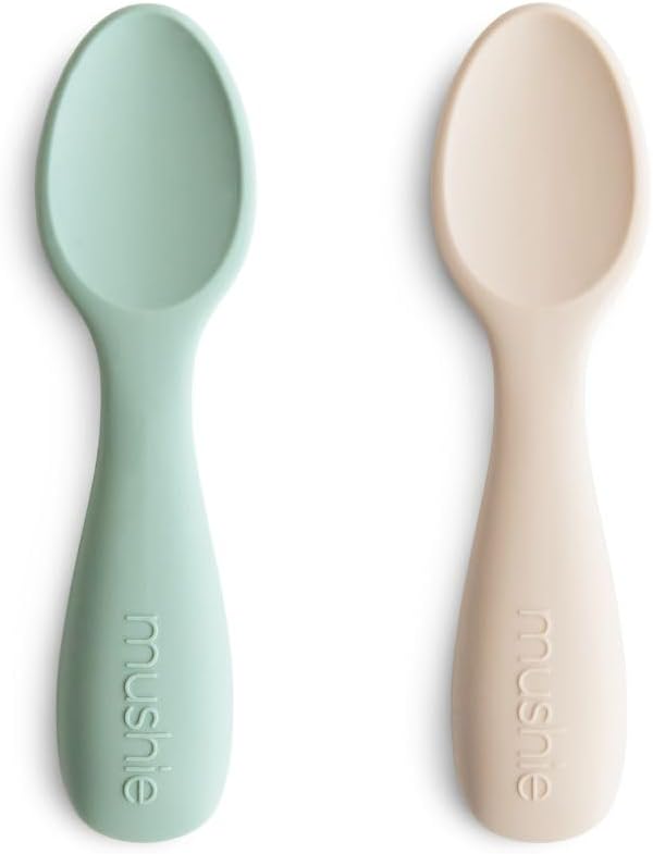 Silicone Toddler Starter Spoons | 2 Pack (Cambridge Blue/Shifting Sand)