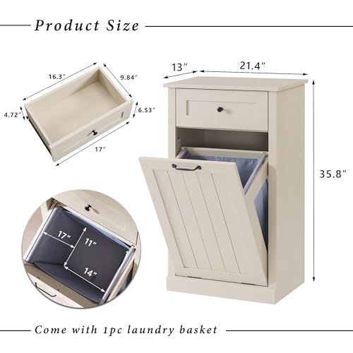 Image of IFGET Tilt Out Trash Can Cabinet, Trash Cabinet w /Drawer, Cream
