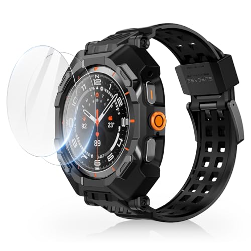 SUPCASE for Samsung Galaxy Watch Ultra 47mm Case with Band (Unicorn Beetle Pro), [2 Pack Screen Protector] Rugged Protective Cover with Adjustable Strap Band for Galaxy Watch Ultra, Black