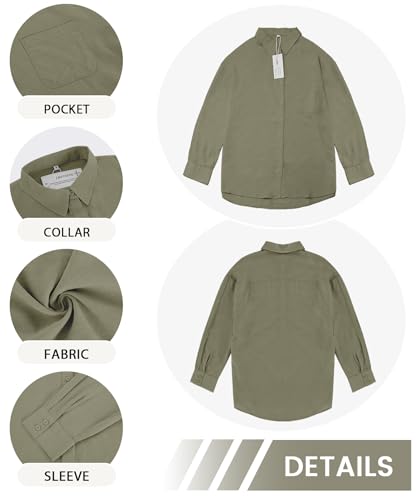 AKEFUN Womens Summer Linen Shirts Casual Button Down 2026 Long Sleeve Cotton Top Blouse Shirt with Pocket Army Green