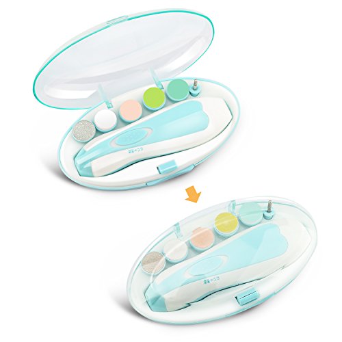 Zooawa Baby Nail File, Safe Electric Nail File Grooming Tools Nail Clippers Kit Trimmer Manicure Set for Newborn Toddler Toes Fingernails Care, with LED Light, AA Battery Operated, Light Blue