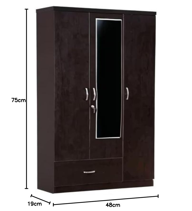 Image of CASPIAN 3 Door Wooden Wardrobe (Walnut) | Engineered Wood Furniture with Dressing Mirror & 2 Hanging Space | Cupboard /Almirah for Bedroom Clothes Storage Organizer with 4 Shelves & Key Lock Drawer