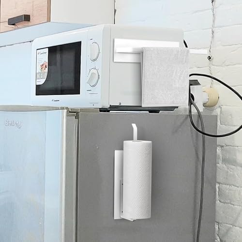 Image of OrganizeMee Magnetic Towel Holder | Kitchen Tissue Roll Holder Aluminium Foil Roll, Plastic Wrap Paper Towel Holders | Multipurpose Organizer | Can Stick to Fridge, Oven Washing Machine 1NOS (White)