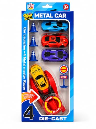 Image of Stylo Kreations Metal Car Launcher Toy Set for Kids 3+ | 4 Die-Cast Racing Cars with Spring Action Launcher, Traffic Cones & Accessories | Push & Launch Racing Car Toy Gift Set