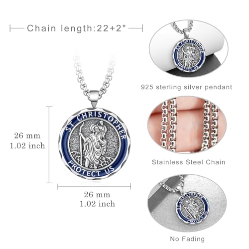925 Sterling Silver St Christopher Necklace for Men, Saint Pendant Travel Protection Jewelry, St Christopher Medal Catholic Necklace Gift for Women Men4