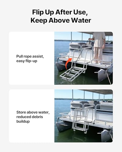 Image of VEVOR Flip-Up Dock Ladder, 4-Step, Heavy-Duty Aluminum Alloy Pontoon Boat Swim Ladder, with Non-Slip Wide Steps, 350 lbs Weight Capacity, Pull Rope Assist, Comfort Use for Lake Pool Marine Boarding