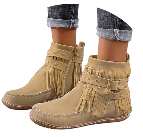 Ankle Cowboy Boots For Women Short Wide Width Cowboy Booties Western Suede Fringe Boots Round Toe Flats Winter Warm Fashionable Outdoor Short Booties With Zipper2