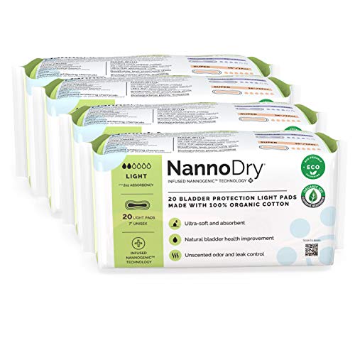 Image of Natural Incontinence Pads - Organic Cotton Bladder Leakage Pads - Nannocare Pads for Incontinent Adults - 20 Light Pads (20 Count (Pack of 4) - 7 inch Long for Light Leaks