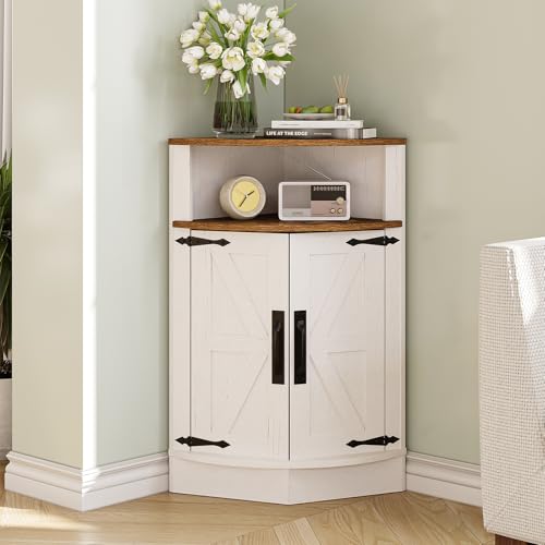 Vabches Corner Storage Cabinet, Farmhouse Small Floor Corner Cabinet with Barn Door and Adjustable Shelf, Narrow Cabinet Organizer for Bathroom,Pantry, Living Room, Kitchen, White