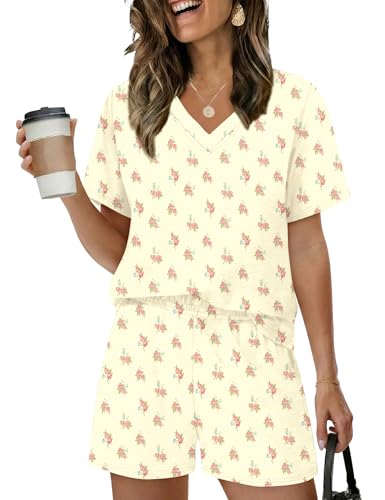 Rapbin Womens Pyjamas Set Short Sleeve Pjs V Neck Top Lounge Wear Sets for Women UK Soft Pyjama Shorts Nightwear Sleepwear Apricot Pink Floral M