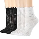 Damen Rüschensocken Spitzen Baumwolle Söckchen, Mesh Casual Meshsocken Rüschen Trachtensocken Atmungsaktive Weiß Schwarz Crew Sockchen Summer Ultra Dünn Cool Rüschen Socken für Damen Mädchen 6 Paar