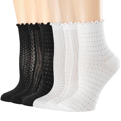 Damen Rüschensocken Spitzen Baumwolle Söckchen Mesh Casual Meshsocken Rüschen Trachtensocken Atmungsaktive Weiß Schwarz Crew Sockchen Summer Ultra Dünn Cool Rüschen Socken für Damen Mädchen 6 Paar