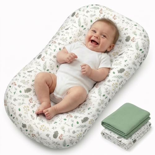 Sofoliana Infant Support Mat, 2 Pack Muslin Cotton Slips, Supportive Tummy Time Mat for Supervised Awake Use, Lightweight Nursery Essential (0-24 Months), Green& Leaf