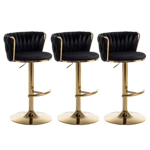 Velvet Bar Stools Set of 3, Counter Height Bar Chairs with Low Back, Gold Swivel Bar Stools for Kitchen Island, Pub (Black)