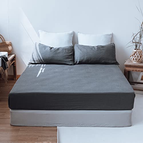 King Linens 100% Linen Fitted Sheet Stone Washed Solid Color - (1 Piece) 14 Inch Deep Pocket Mattress Cover Soft Natural Breathable Farmhouse - Dark Grey, King Size #TOP6