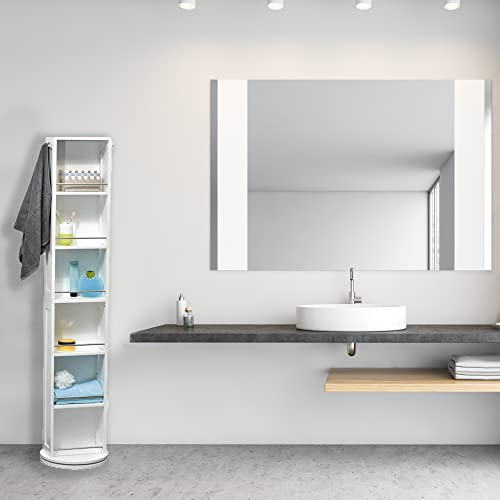 Evideco White Swivel Storage Tower Cabinet Organizer With Mirror For Linens And Bath Essentials - Perfect For Small Spaces - 66 5/8''H X 12''L X 14.4'' - Ideal For Bedrooms And Bathrooms #TOP4