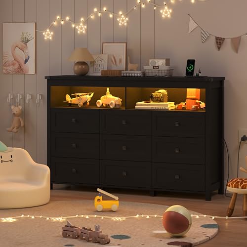 Image of Wodeer 9 Drawer Dresser for Bedroom with LED Lights, Charging Station, Wood Chest of Drawers with Metal Handles, Modern TV Stand & Storage Organizer for Living Room, Hallway, Black