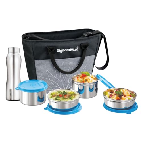 Image of SignoraWare Office Stainless Steel Lunch Box with Bottle | Airtight & Leakproof | Durable | Perfect for Office, School & Outdoor Use (500mlx2 + 380mlx2 + 750ml | Setof5 | TBlue)