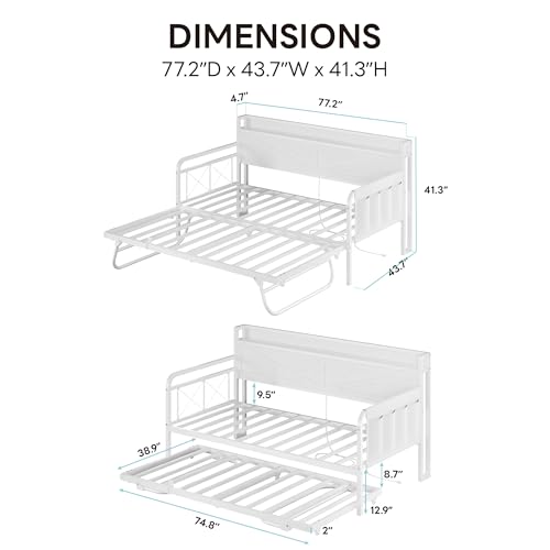 Image of LIKIMIO Twin Daybed with Pop Up Trundle & Charging Station & Storage Shelf | Pop Up Trundle with Smooth Wheels, Strong Supports for Apartment and Small Space, White