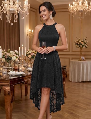 Dressystar Women Halter Lace Wedding Guest Dress Hi-Lo Cocktail Party Bridesmaid Formal Dresses Black XXXL