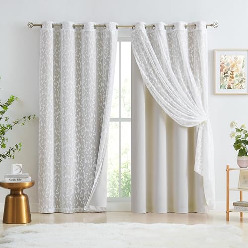Image of Mix Matched Beige Full Blackout & Sheer Leaf Lace Curtains 52 inchWx95L 6Panels