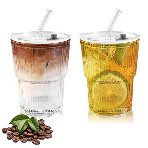 Orixo 2 Stück 400ml Glasbecher mit Deckel und Strohhalm, Eiskaffee Gläser, Matcha Glas, Glas Smoothie Becher, Luftdicht Wasserdicht Design, Trinkglas mit Deckel, für Kaffee Cocktails Tee