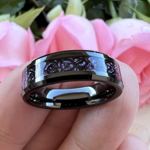 TUTISS 6mm Purple Carbon Fiber Celtic Dragon Inlay Black Tungsten Rings for Men Women Wedding Bands Beveled Edges Comfort Fit Size 7 by TUTISS - Used condition - Image 3