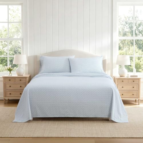 Image of Martha Stewart - King Sheet Set with Fitted Sheet & Pillowcases, Cotton Percale Bedding with a Smooth Feel, Deep Pocket, Leaves Blue