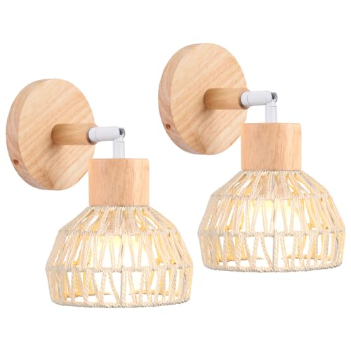 iDEGU Lot de 2 Appliques Murales Interieures Rétro Lampe Murale en Rotin et Bois Ajustable Luminaire Plafonnier Applique Vintage Décoration pour Salon...