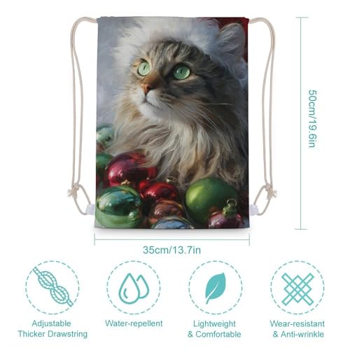Christmas Cat with Green Eyes Drawstring Backpack Canvas String Bag Lightweight Sports Gym Bag for Men Women2
