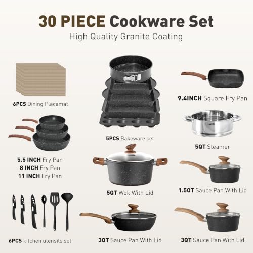Image of MAISON ARTS 30 Pcs Pots and Pans, Granite Induction Cookware Sets Non Stick