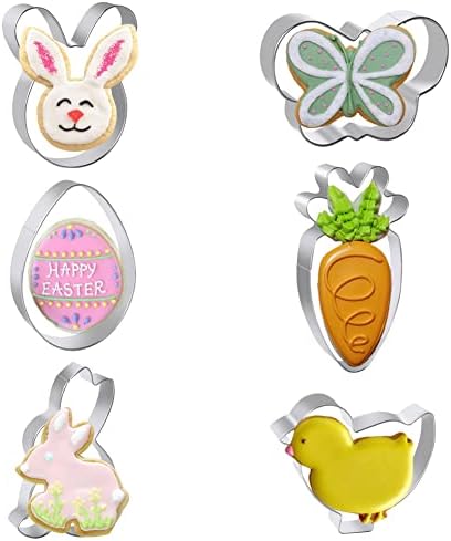 Cookie Cutters, 6 Pcs Easter Cookie Cutter Set, Egg, Bunny, Rabbit, Butterfly, Carrot, Chick Stainless Steel Biscuit Cutters for Easter Biscuits