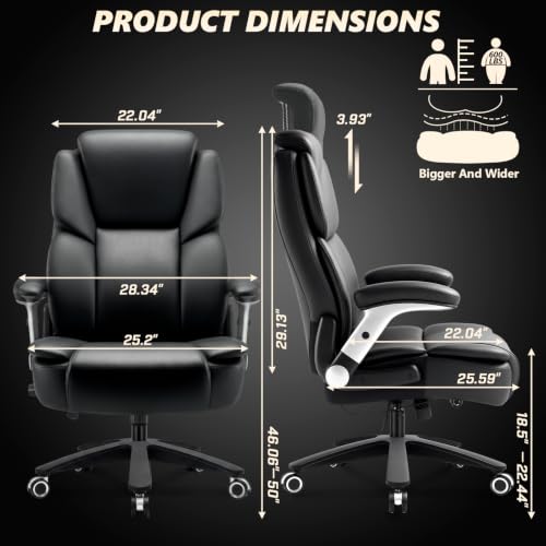 Image of Indulgear Big and Tall Office Chair,500lbs Capacity Heavy Duty Office Chair for Heavy People, High Back Executive Computer Chair with Adjustable Lumbar Support, Quiet Rubber Wheel (3D Arm-Black)