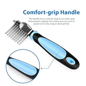 Flexzion Dogs Dematting Comb, Stainless Steel Blades Rakes, for Pets Cats Animals Matted Knotted Hair, Brush Cutting Removing Grooming Tool with Smooth Teeth Needle – Black & Blue Handle