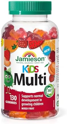 Jamieson Multivitamin Gummies for Kids, Orange, Cherry and Raspberry Flavours, Supports Growth and Development, Healthy Bones and Teeth. Vegetarian, Non-GMO, Gluten Free, Lactose Free, No Artificial Colours, Flavours or Preservatives, 130 Count