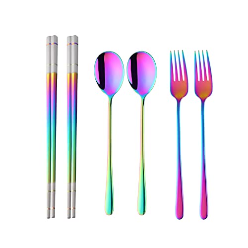 Buyer Star Stainless Steel Korean Chopsticks Spoons and Fork Set, 2 Pack Reusable Forks and Spoons Silverware Korean Utensil Set, Portable Utensils Dinnerware for Home (Rainbow)