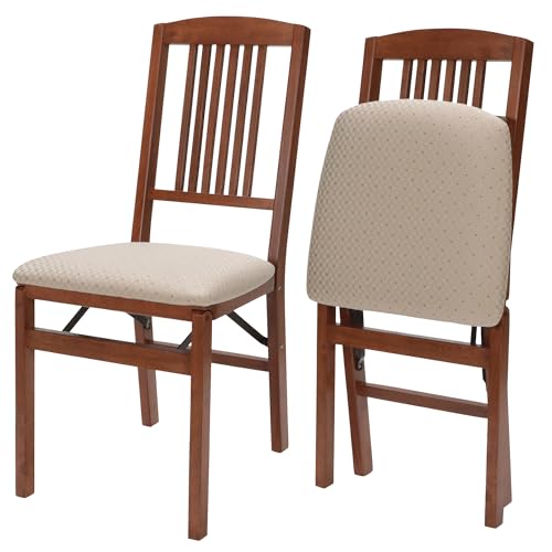 MECO Stakmore Simple Mission Wooden Folding Chairs with Padded Seats Set of 2 - No Assembly Foldable Dining Chairs Steel Folding Mechanism Upholstered Cushion Space-Saving Cherry Frame