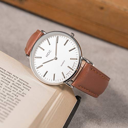 Infantry MDC Mens Minimalist Watch,Ultra Thin Business Casual Wrist Watches for Men, Silver Case White Face, Big Face Analog Quartz Watch Brown Leather Band, Professional Man's Gift