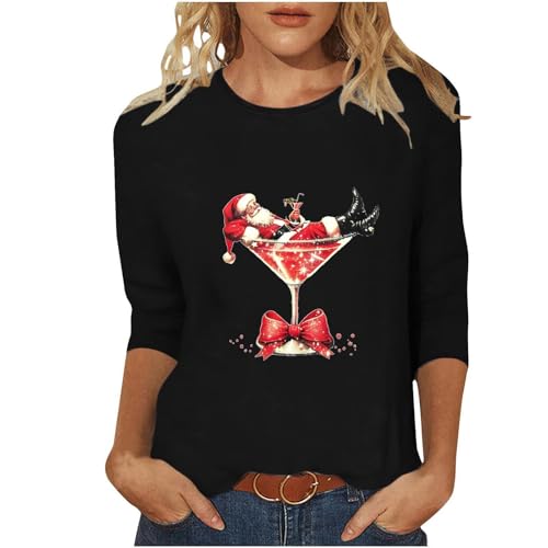 Image of Women Christmas Jumpers Ugly Christmas Tree Printed Tops Novelty Oversized 3/4 Sleeve Pullover Xmas Graphic Funny Crew Neck T-Shirts Festival Holiday Clothes S-5XL